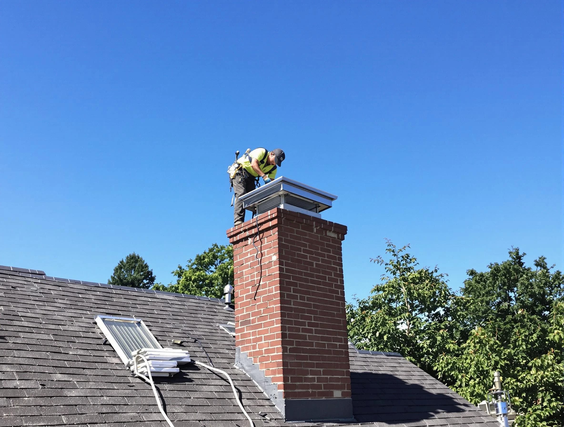 Choctaw Chimney Sweep technician measuring a chimney cap in Choctaw, OK
